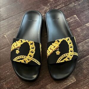 Versace Black Slides with Gold Chain Print